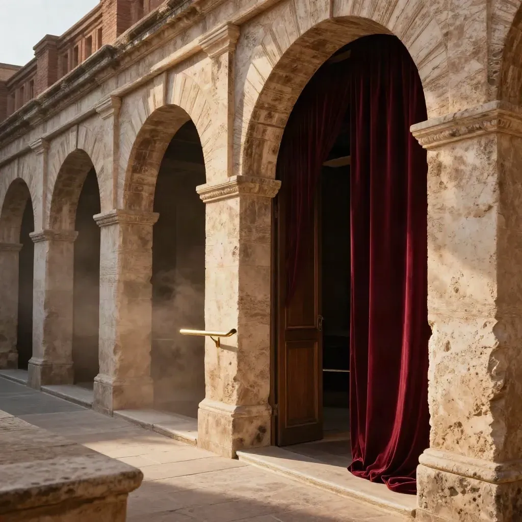 Corridoio teatrale in travertino con archi, velluto bordeaux e luce polverosa verso la sala