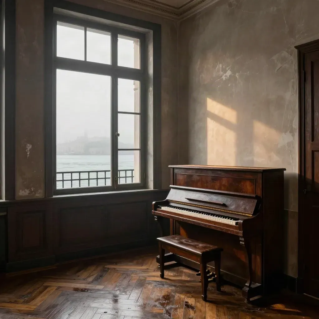 Sala veneziana sull’acqua con pianoforte chiuso, finestre alte e nebbia lagunare.