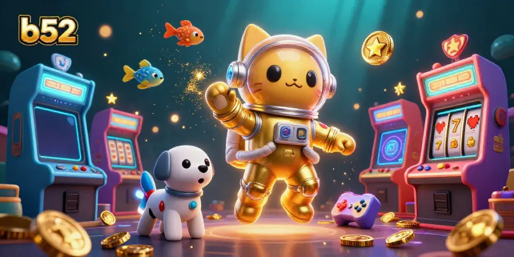 Win big with b52, featuring a quirky space-themed gaming scene complete with slot machines and joyful characters!