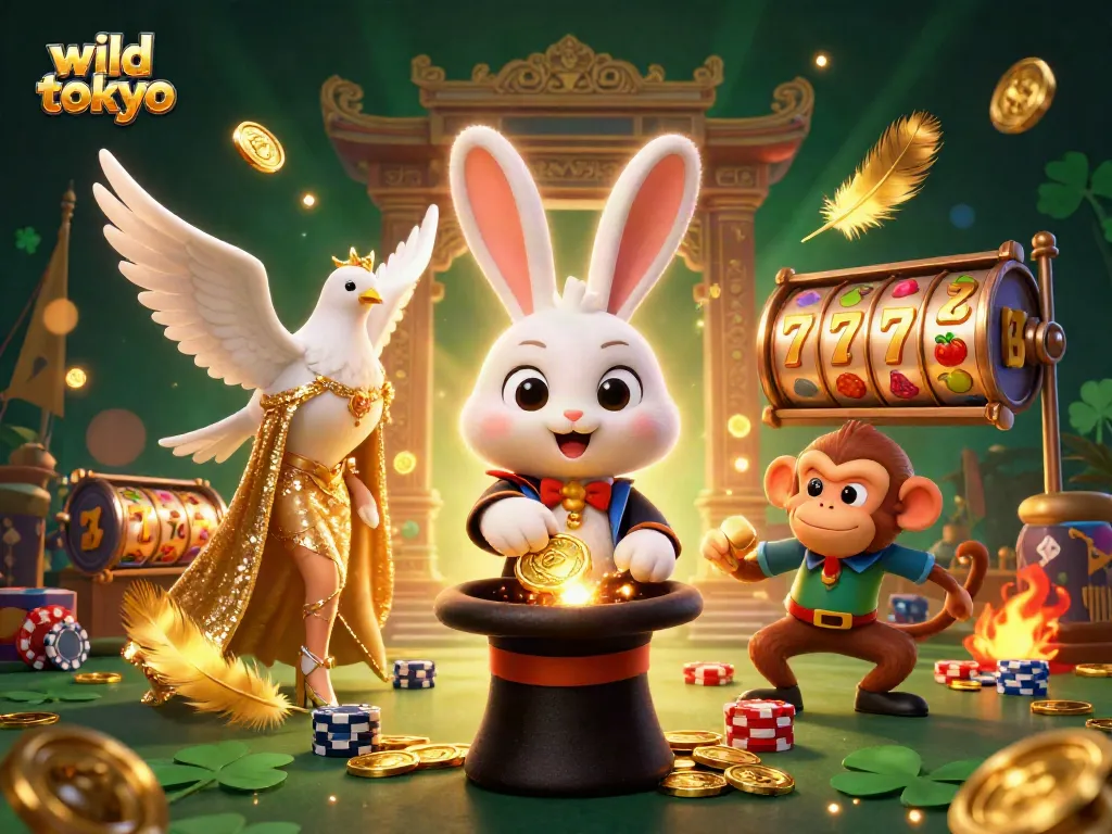 Experience wild tokyo casino magic with a vibrant illustration of a magician rabbit, dove, and monkey in action.