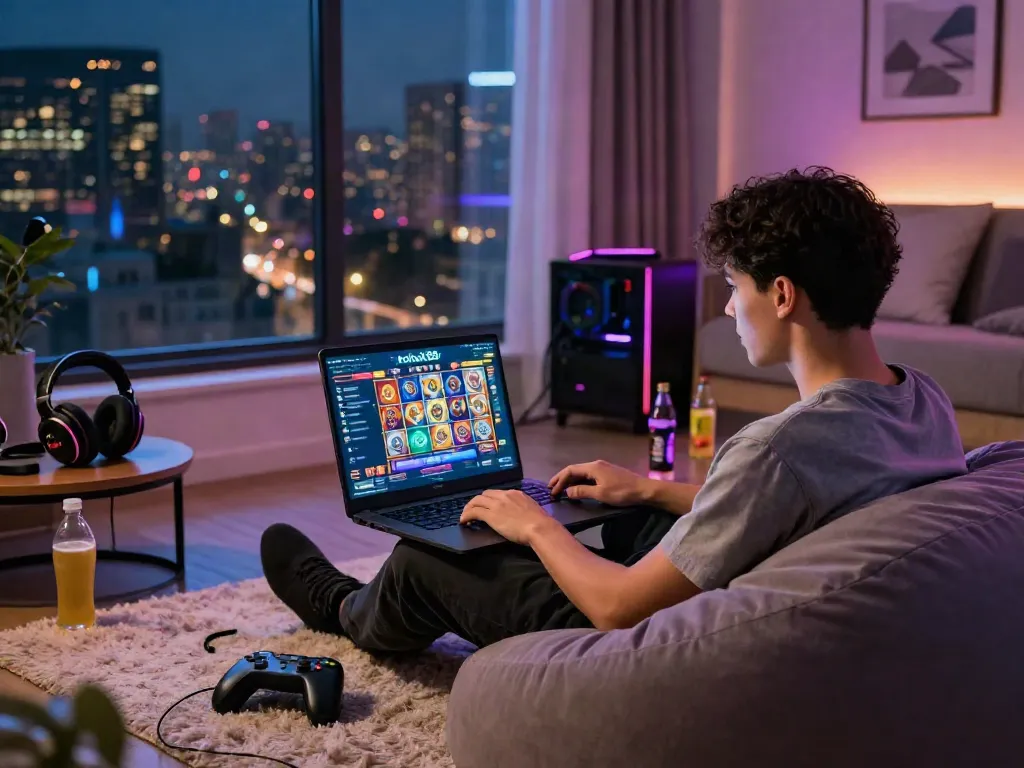 Engaging scene of a gamer focused on the rokok88 slot login interface in a modern living room.