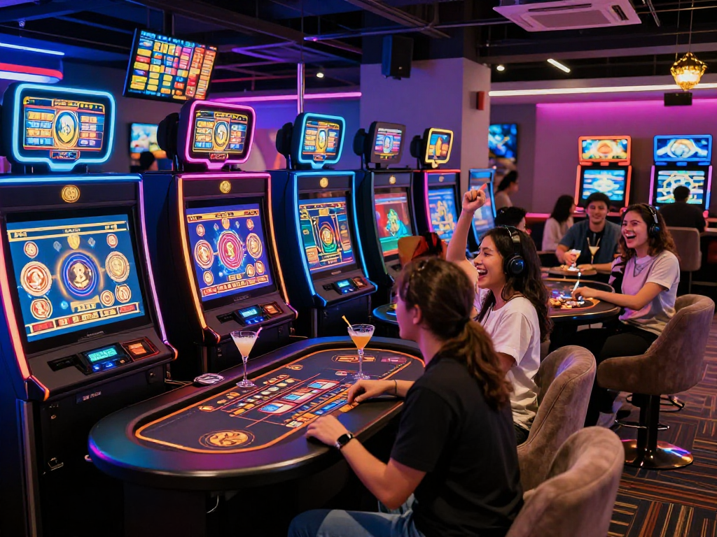 Crypto casino scene with players enjoying futuristic gaming terminals in a vibrant lounge.