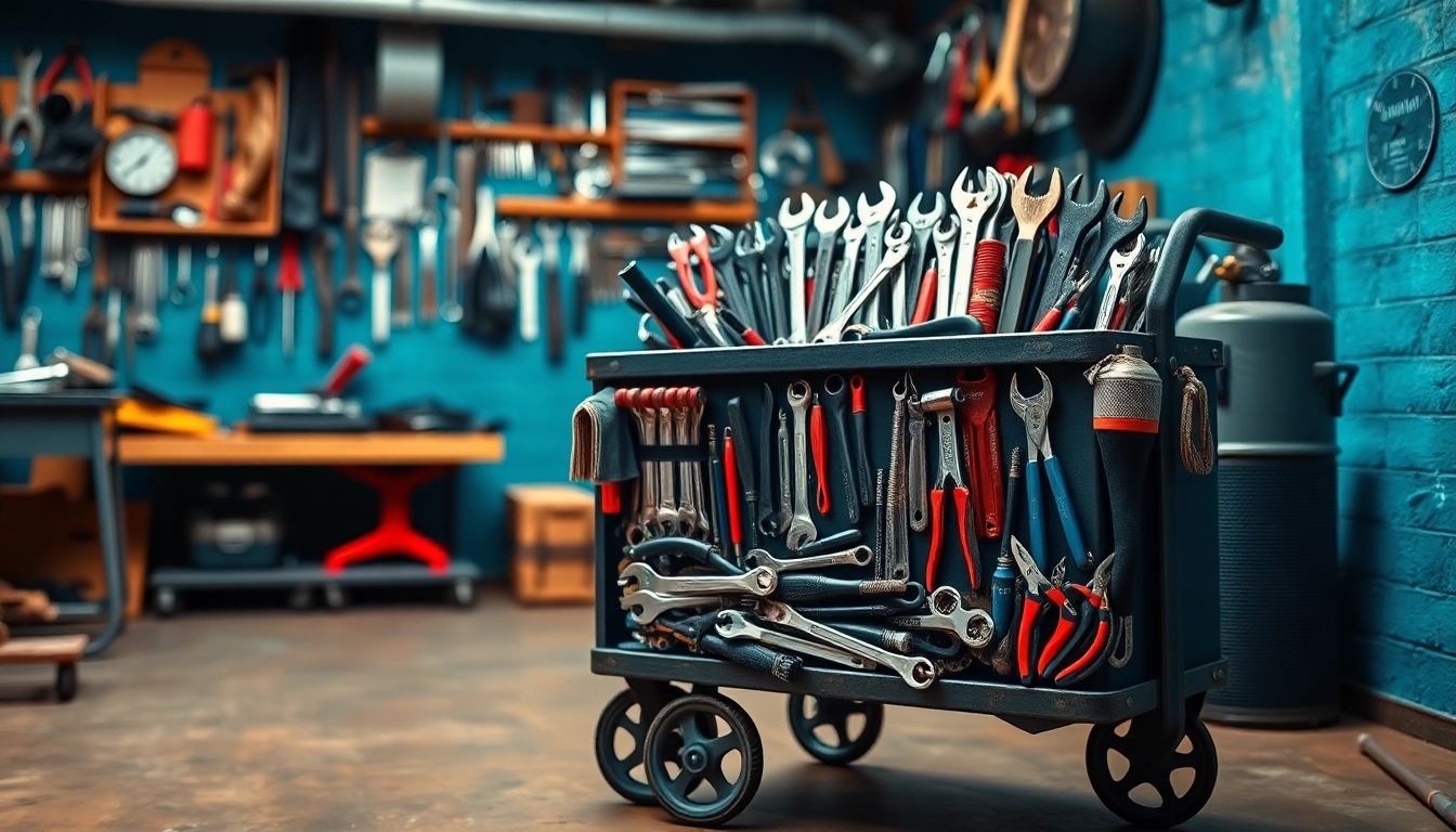 carrello attrezzi completo ben organizzato, pronto all'uso per ogni progetto di fai-da-te.