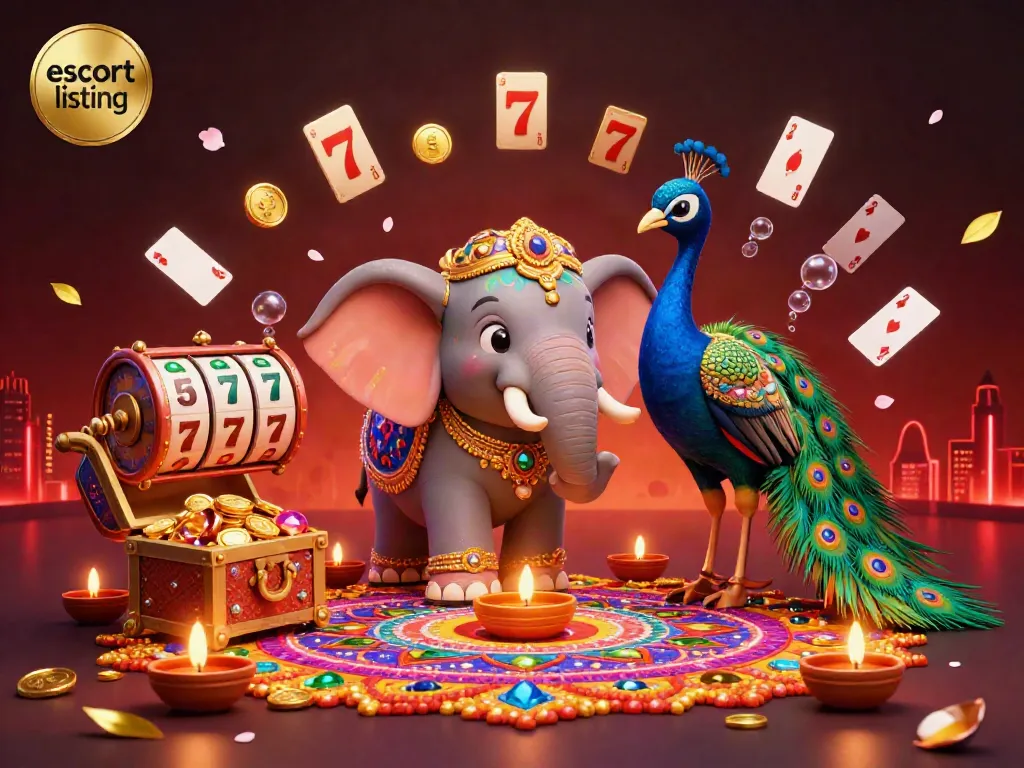 Engage with dynamic escort listings featuring a Diwali elephant and casino elements.