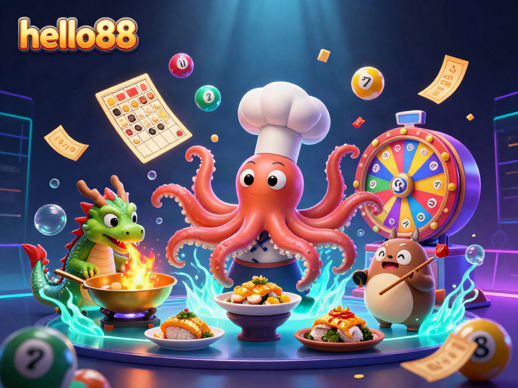 Engage in thrilling gameplay at hello88 with vibrant lottery balls and friendly cartoon characters.
