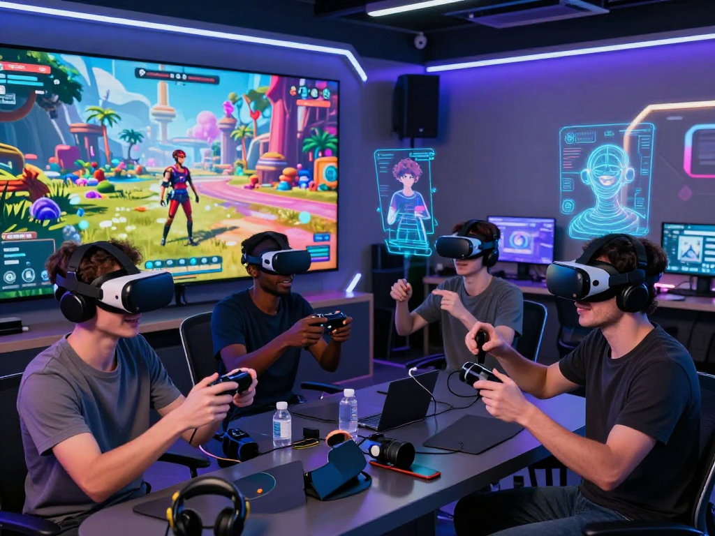 Interactive ai roleplay scene with diverse players in VR headsets and dynamic gaming landscape.