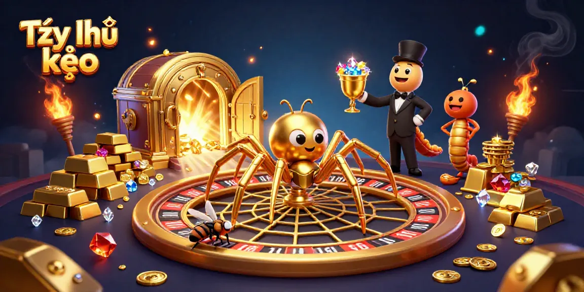 Engaging illustration of Tỷ lệ kèo with a golden spider spinning a roulette wheel web and animated casino elements.