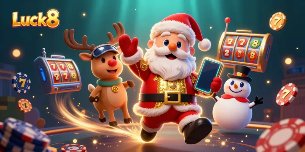 Experience a vibrant gaming scene with Luck8 where Santa, a reindeer dealer, and a poker chip snowman celebrate jackpots!