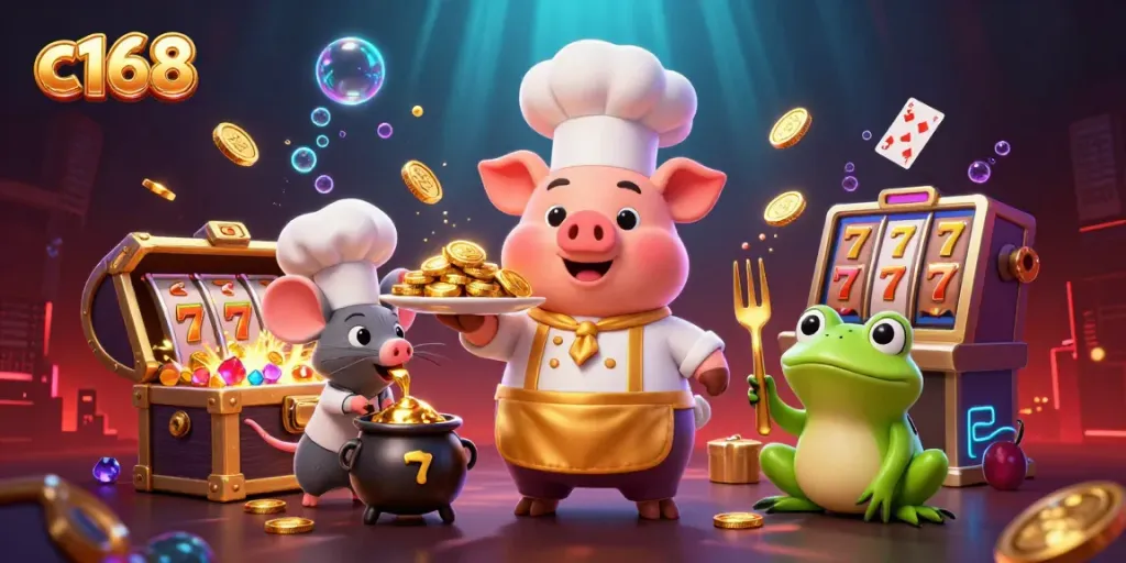 C168 celebrating a jackpot scene with a chef, mouse, and frog in a dynamic casino environment.