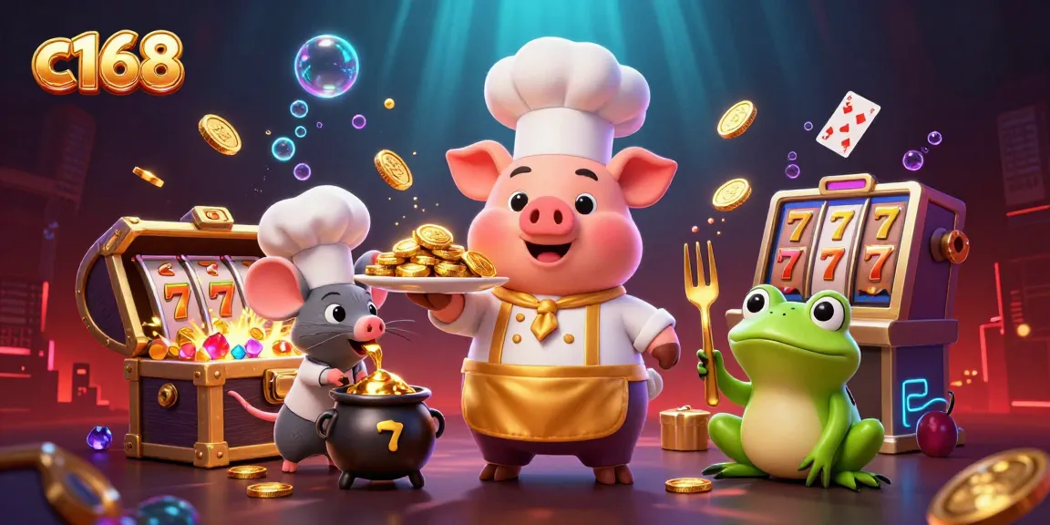C168 celebrating a jackpot scene with a chef, mouse, and frog in a dynamic casino environment.