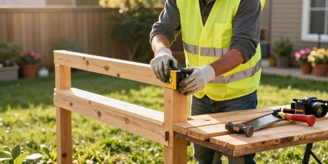 We fix fences and build fences with a skilled tradesman measuring wooden posts in a sunny backyard.