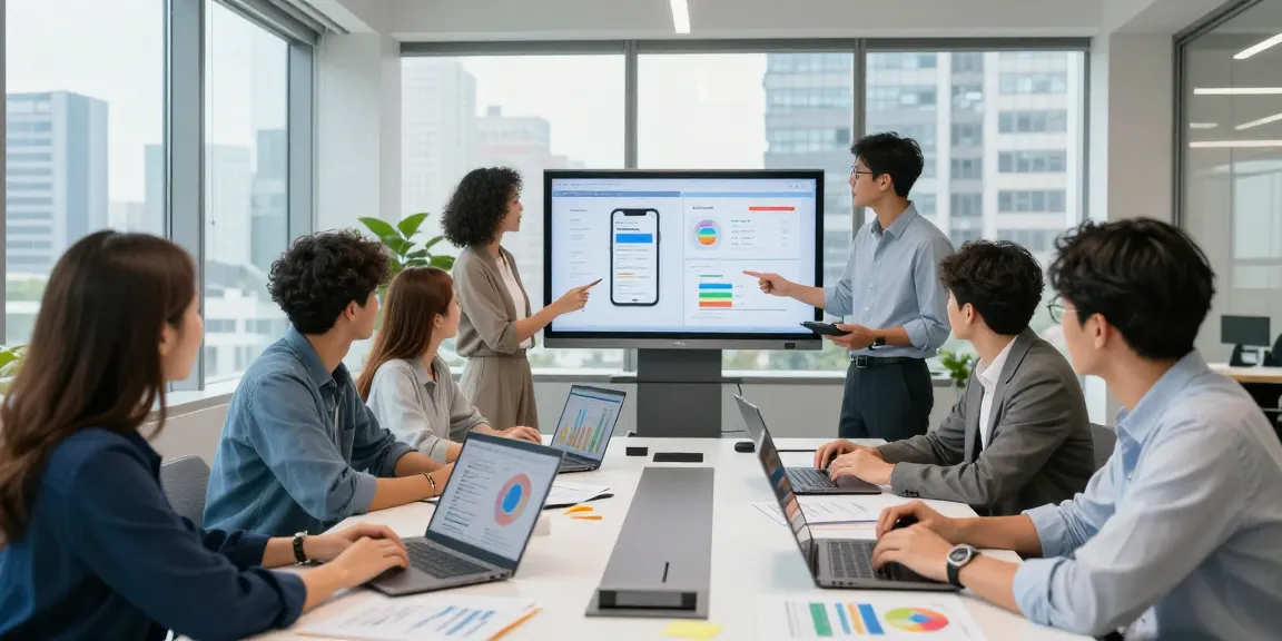 Cheap business mobile deals analysis in a modern office setting with a diverse team collaborating on laptops.
