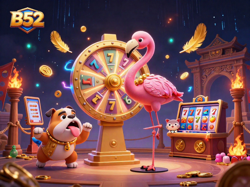 Join the excitement with the B52 casino prize wheel, surrounded by vibrant colors and dynamic gaming elements.