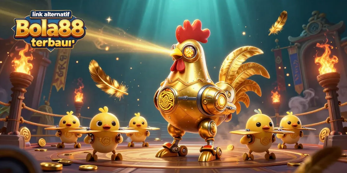 Bet on link alternatif bola88 terbaru with vibrant golden rooster robot and dynamic casino elements.