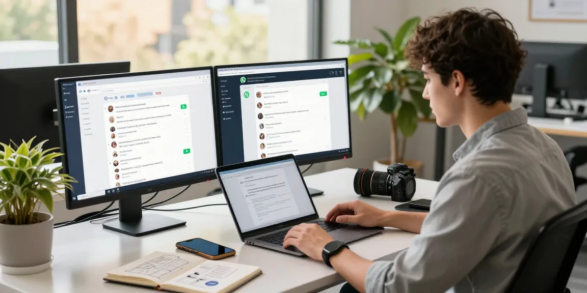 Modern workspace showcasing WhatsApp網頁版 on dual monitors, emphasizing productivity and communication.
