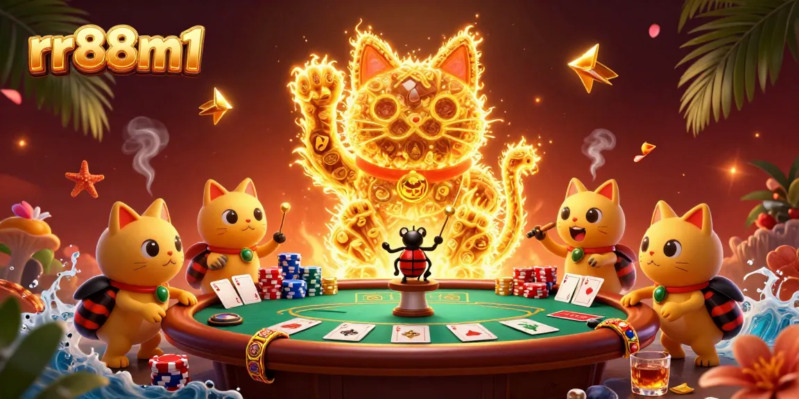 Join the excitement at rr88m1 with golden fireflies symbolizing luck in a vibrant casino scene.