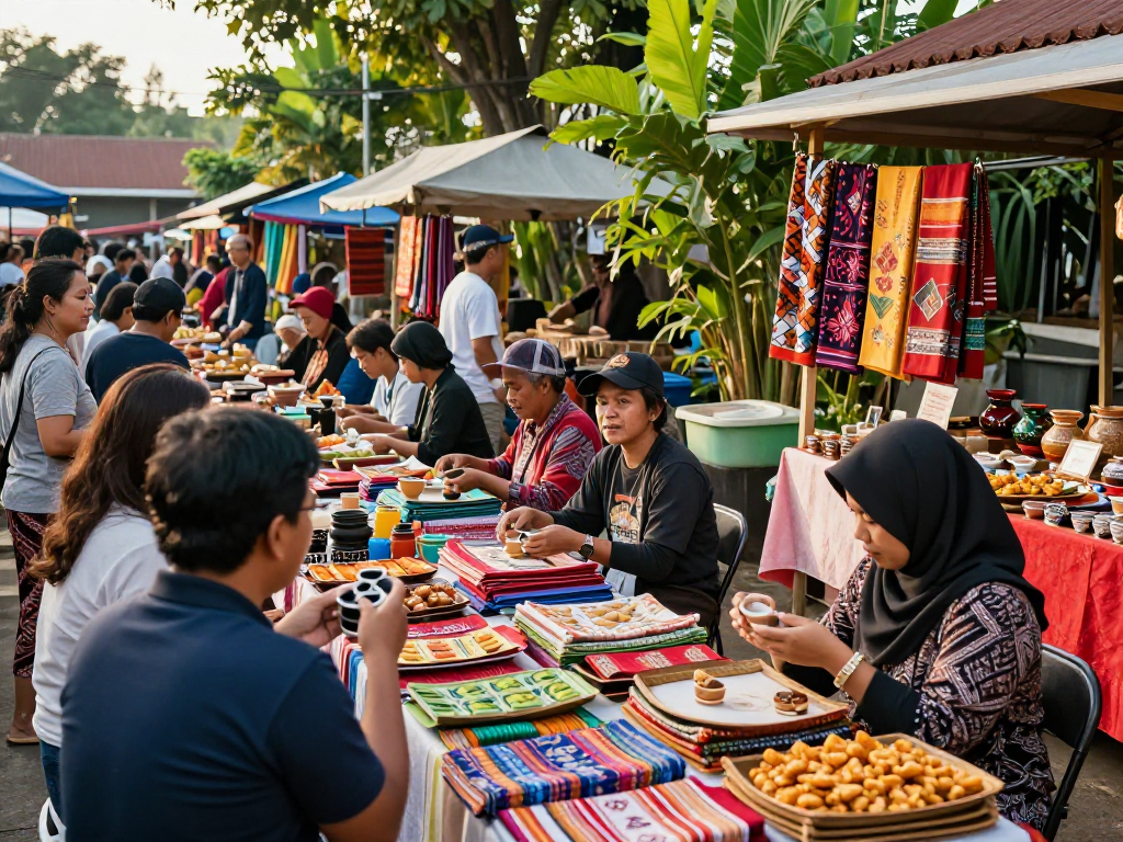 Explore the vibrant local market at https://rokok88.net showcasing Indonesian UMKM products with artisans and shoppers.