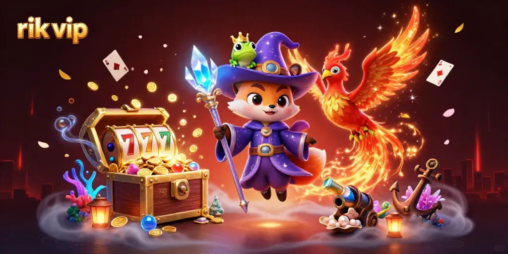 Engage with rik vip's thrilling experience, exploring winning tokens and slots in an enchanting casino scene.