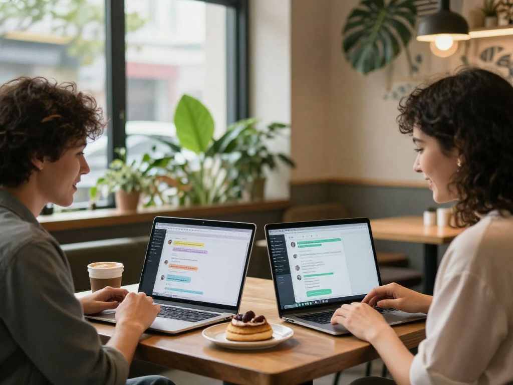 Friends using spicy chat AI in a modern cafe, enjoying a lively discussion.
