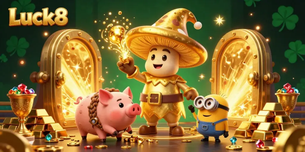 Win at Luck8 with a golden mushroom wizard and treasures in an enchanting casino atmosphere.