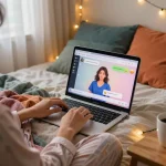 An engaging NSFW AI chat scene with cozy bedroom setup, laptop displaying character interactions, inviting atmosphere.