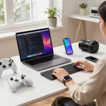 Engaging tech workspace highlighting must-have tech gadgets including 8BitDo Ultimate 2 controller and Fitbit Charge 6 smartwatch.