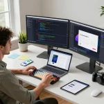 Developer using Clawdbot mac in a vibrant workspace with dual monitors displaying code.