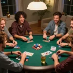 Amici impegnati nella serata di poker, mostrando divertimento e strategia attorno al tavolo mentre discutono delle recensioni di chicken road.