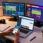 Betting on sports through OPEN88 app on a smartphone and laptop capturing strategic moments.