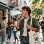 Acquistare puff THC in una vivace scena di vita urbana con una persona alla moda che si gode una penna vape THC.