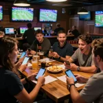 MM88 players analyzing sports bets and celebrating wins in a lively bar atmosphere.