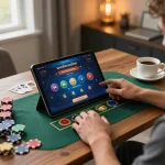 Engaging moment of a player using xocdiaonline platform on a tablet, with colorful gaming chips visible