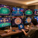 Engaged gambler playing on 789WIN in a cozy home setup with multiple screens displaying casino games.