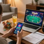 Gaming enthusiast uses the 33win app on their smartphone in a cozy living room setting, showcasing an engaging online casino experience.