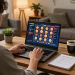 Player using F168 online casino interface on a laptop while strategizing with notes in a cozy setting