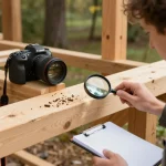 Ispezione dei coleotteri del legno con strumenti e travi di legno alla luce del sole.