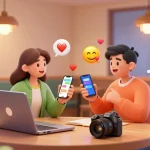 Engaging sex ai chat between animated avatars in a cozy virtual cafe setting.