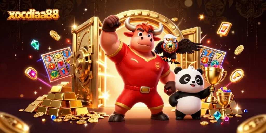 Xocdiaa88 brings excitement to online gaming with an engaging victory scene of a bull mascot, eagle, and panda.