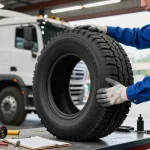 Mechanic inspecting a Double Coin RR99 tire in a busy garage environment with tools and specifications visible