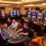 Engaged players at cm88 casino slot machines celebrating wins under vibrant lights
