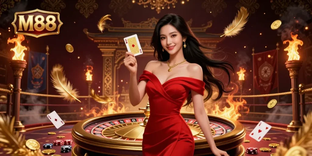M88 casino scene featuring a beautiful young Asian woman holding a playing card beside a roulette wheel with golden accents.