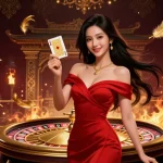 M88 casino scene featuring a beautiful young Asian woman holding a playing card beside a roulette wheel with golden accents.