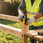 We fix fences and build fences with a skilled tradesman measuring wooden posts in a sunny backyard.
