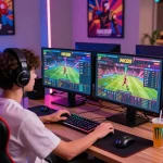 Youthful gamer playing on NK88's vibrant dual-screen setup with live casino and sports betting interface.