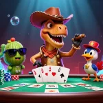 Experience thrilling poker action with Au88 DM in this vibrant casino illustration, featuring whimsical characters.