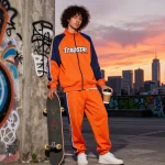 Trapstar Felpa indossata da giovane in ambiente urbano con skateboard e sfondo di graffiti.