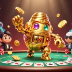 NAGA188 menggambarkan golem emas kuno yang hidup dengan simbol mesin slot, dikelilingi meja poker berwarna hijau dan tumpukan chip dalam ilustrasi 3D.