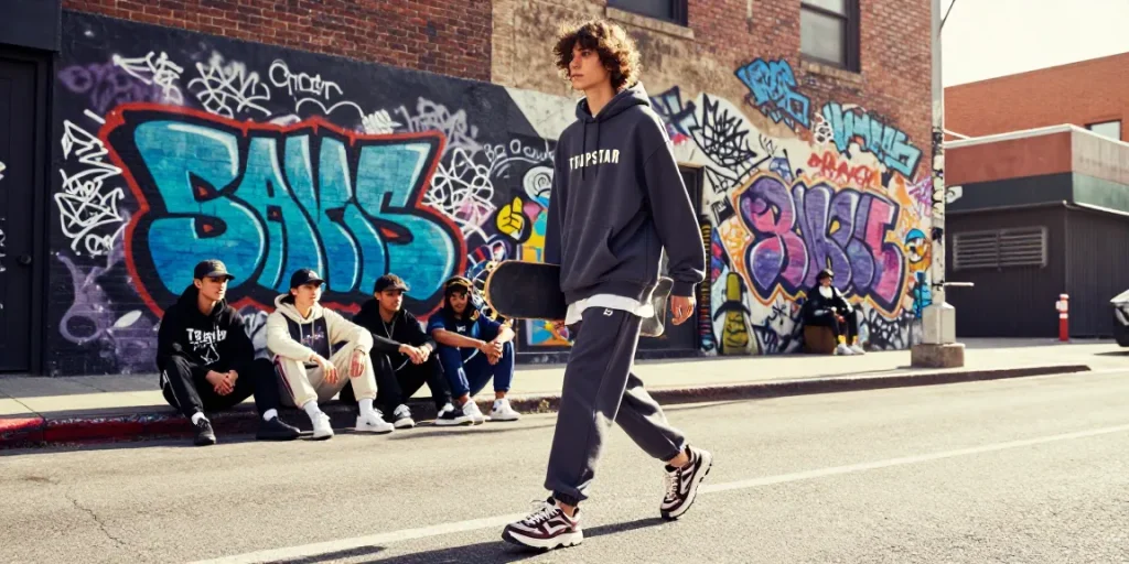 Felpa Trapstar messa in mostra in un momento di lifestyle urbano con elementi di streetwear e cultura skate alla moda.