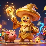 Engage with red888's vibrant casino world featuring a golden mushroom wizard and treasure-hunting elements.