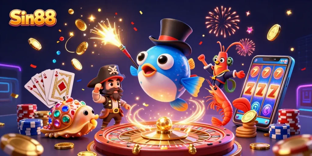 Win exciting rewards at Sin88 with a dazzling 3D casino scene featuring vibrant characters and games.